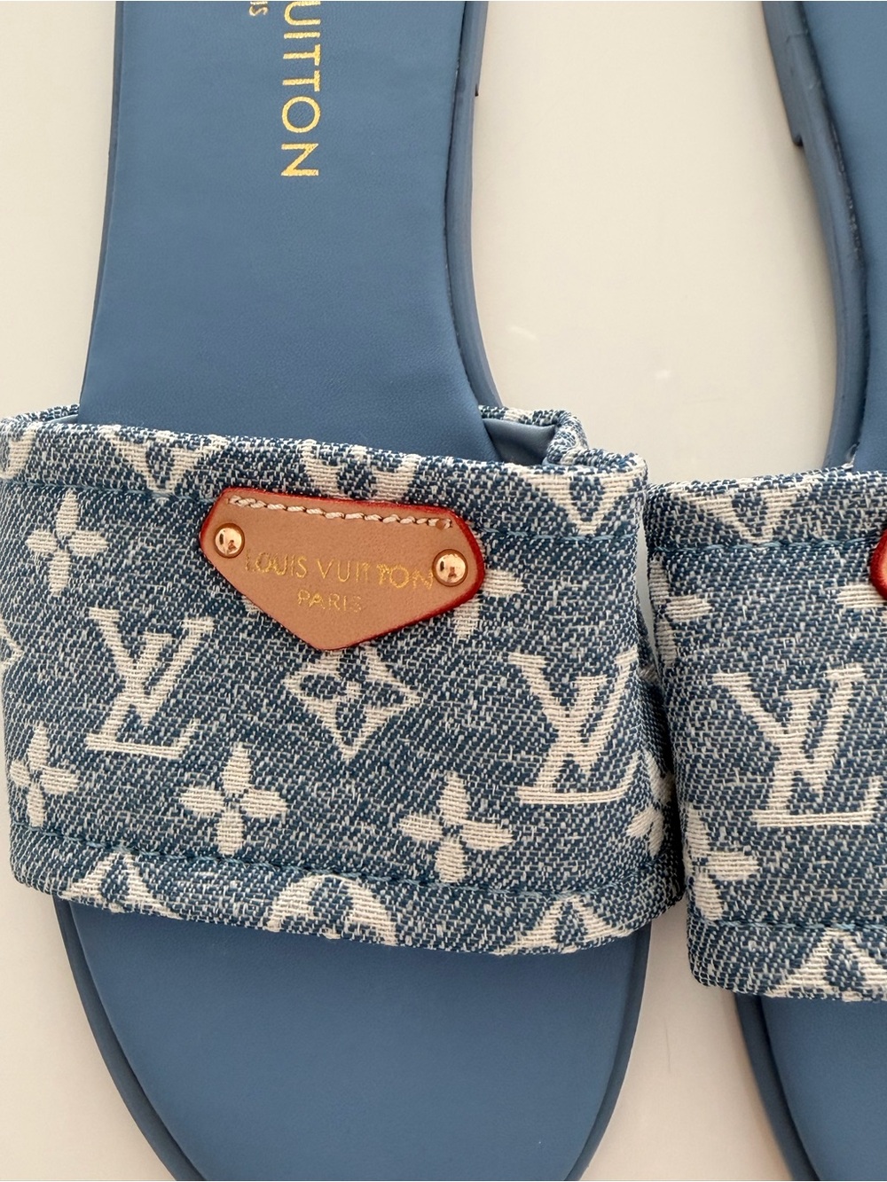 Louis Vuitton Denim Monogram Slide Sandals in Blue with Gold Plaque - Picture 2 of 5